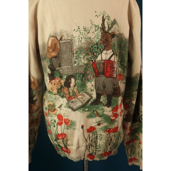 Womens Crewneck Cream Cozy Sweater Whimsical Folk Woodland Deer Cottagecore M - Picture 12 of 13